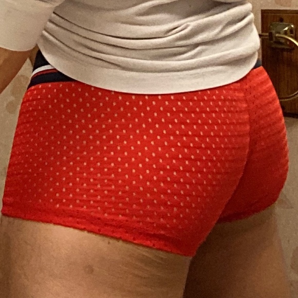 Trunks, red with navy blue waist band fits like medium. - Picture 3 of 5